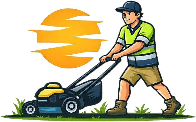 Riley Mows It mascot mowing a lawn